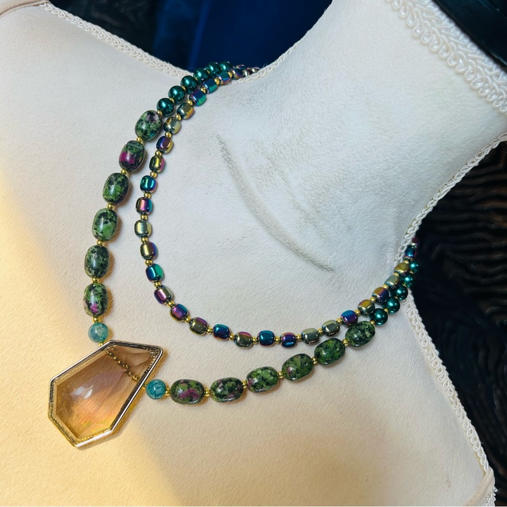 Handcrafted double strand oil slick peacock pearl ruby in zoisite necklace